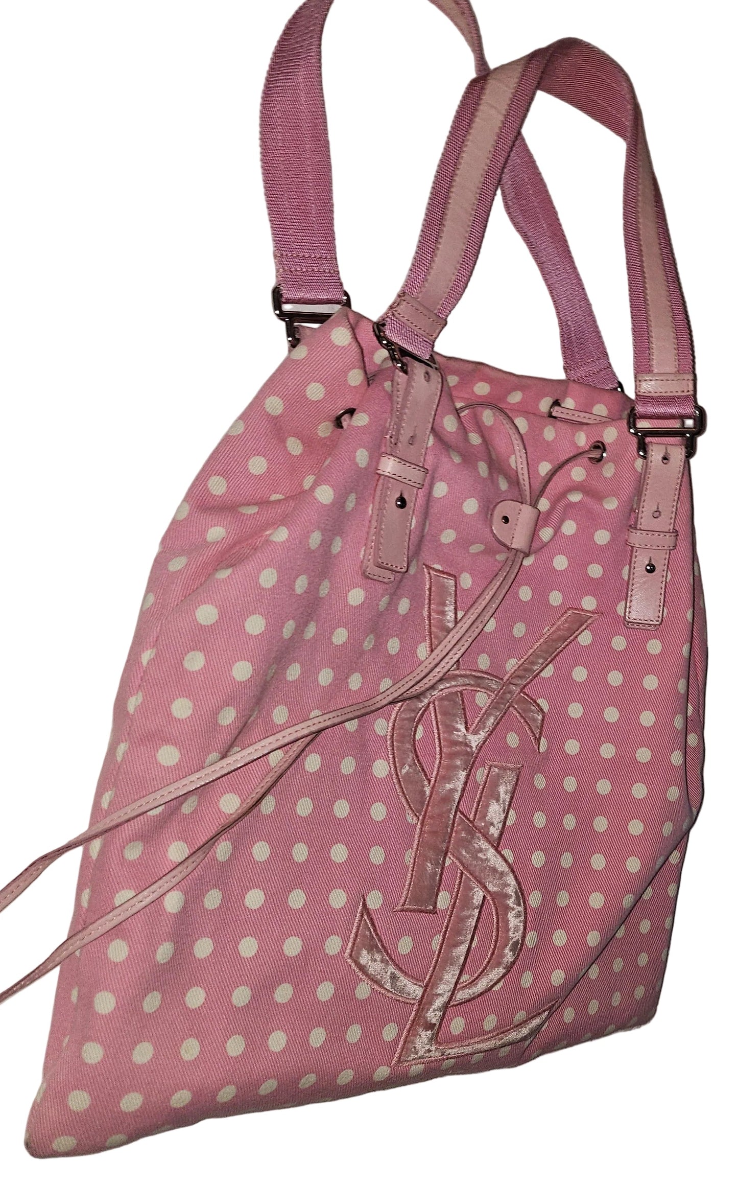 YSL Iconic Pink & White Polka Dot Print Canvas & Leather Tote