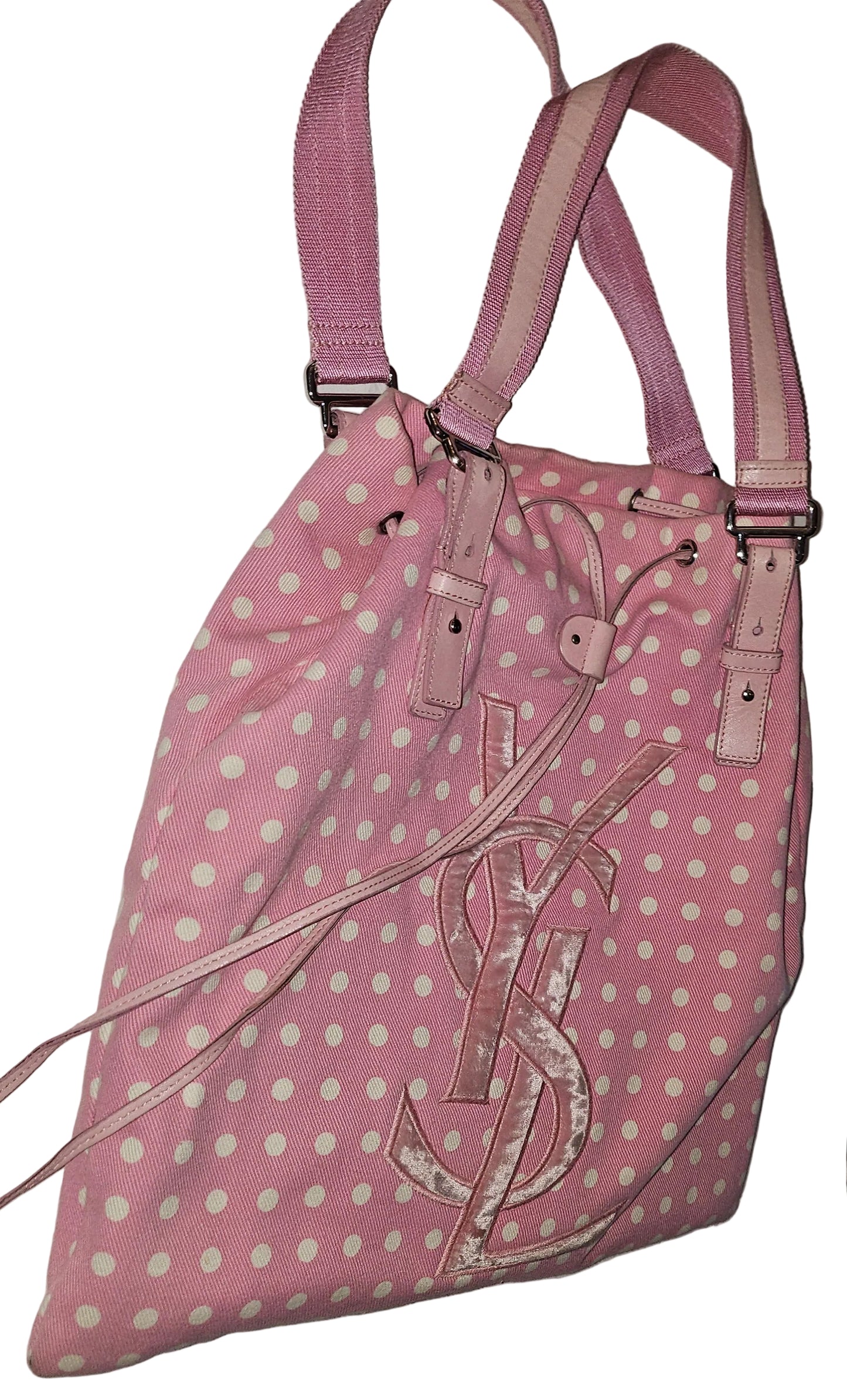 YSL Iconic Pink & White Polka Dot Print Canvas & Leather Tote