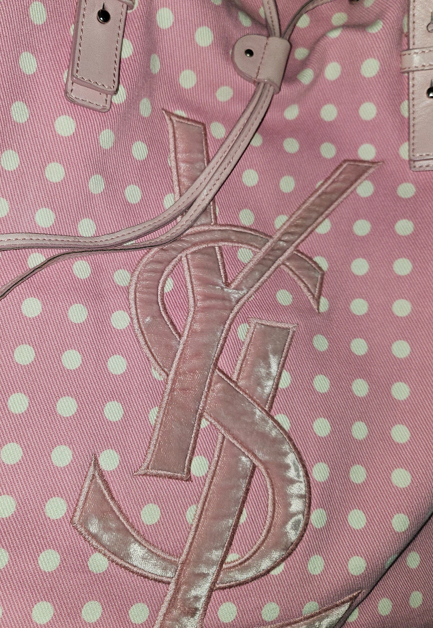 YSL Iconic Pink & White Polka Dot Print Canvas & Leather Tote