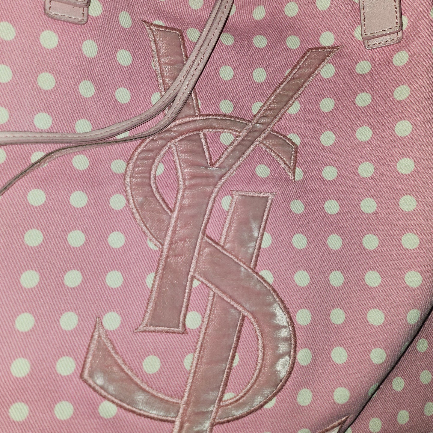 YSL Iconic Pink & White Polka Dot Print Canvas & Leather Tote