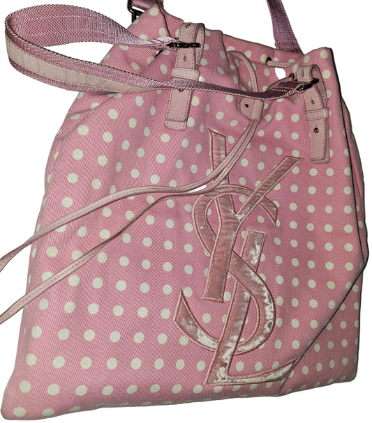 YSL Iconic Pink & White Polka Dot Print Canvas & Leather Tote