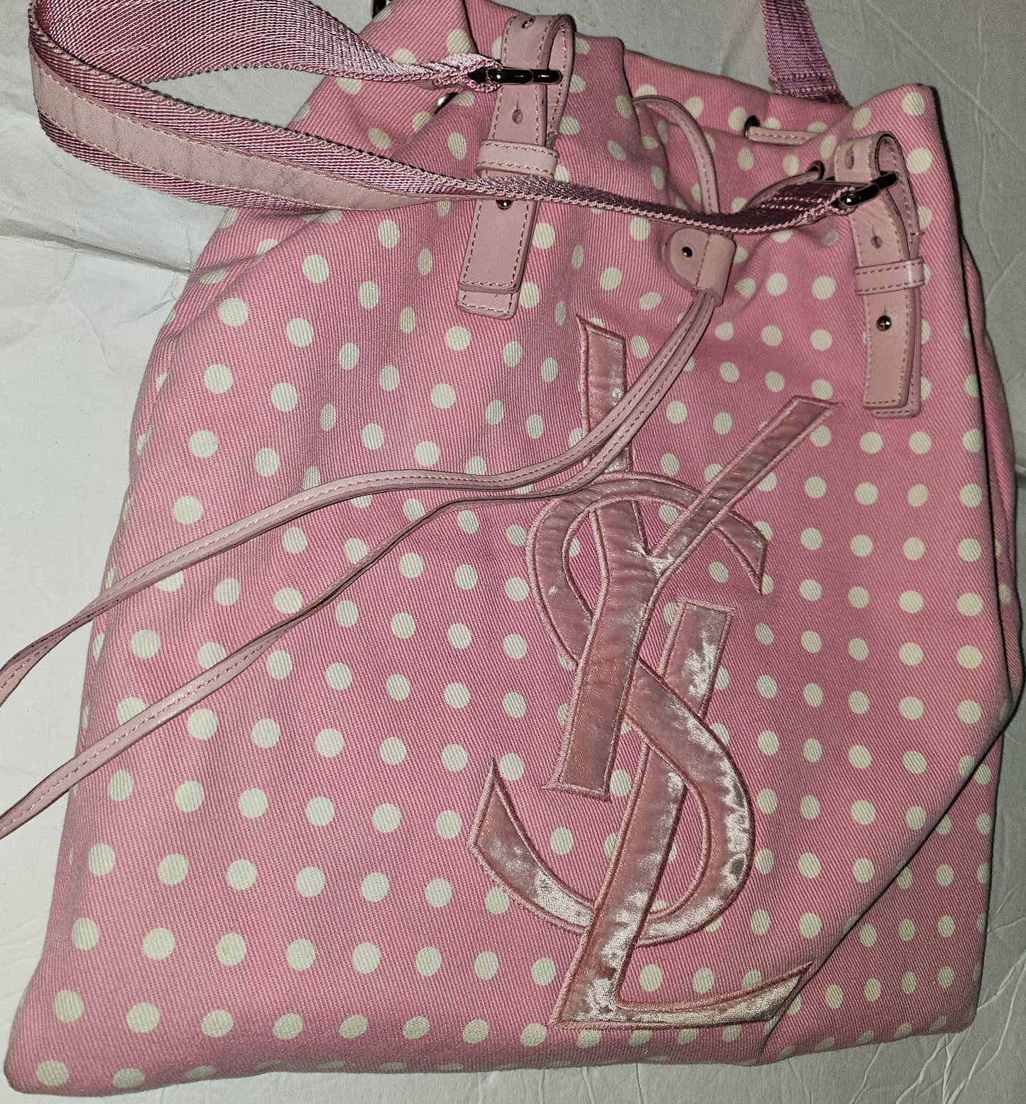YSL Iconic Pink & White Polka Dot Print Canvas & Leather Tote