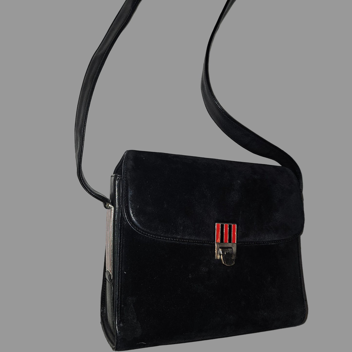 G. Gucci very early black suede boxy shoulder bag w sterling & enamel accents