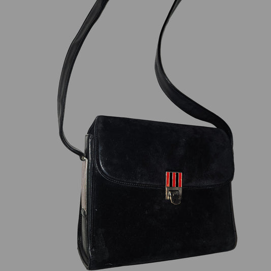 G. Gucci very early black suede boxy shoulder bag w sterling & enamel accents