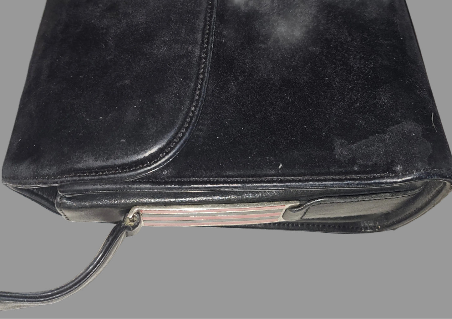 G. Gucci very early black suede boxy shoulder bag w sterling & enamel accents