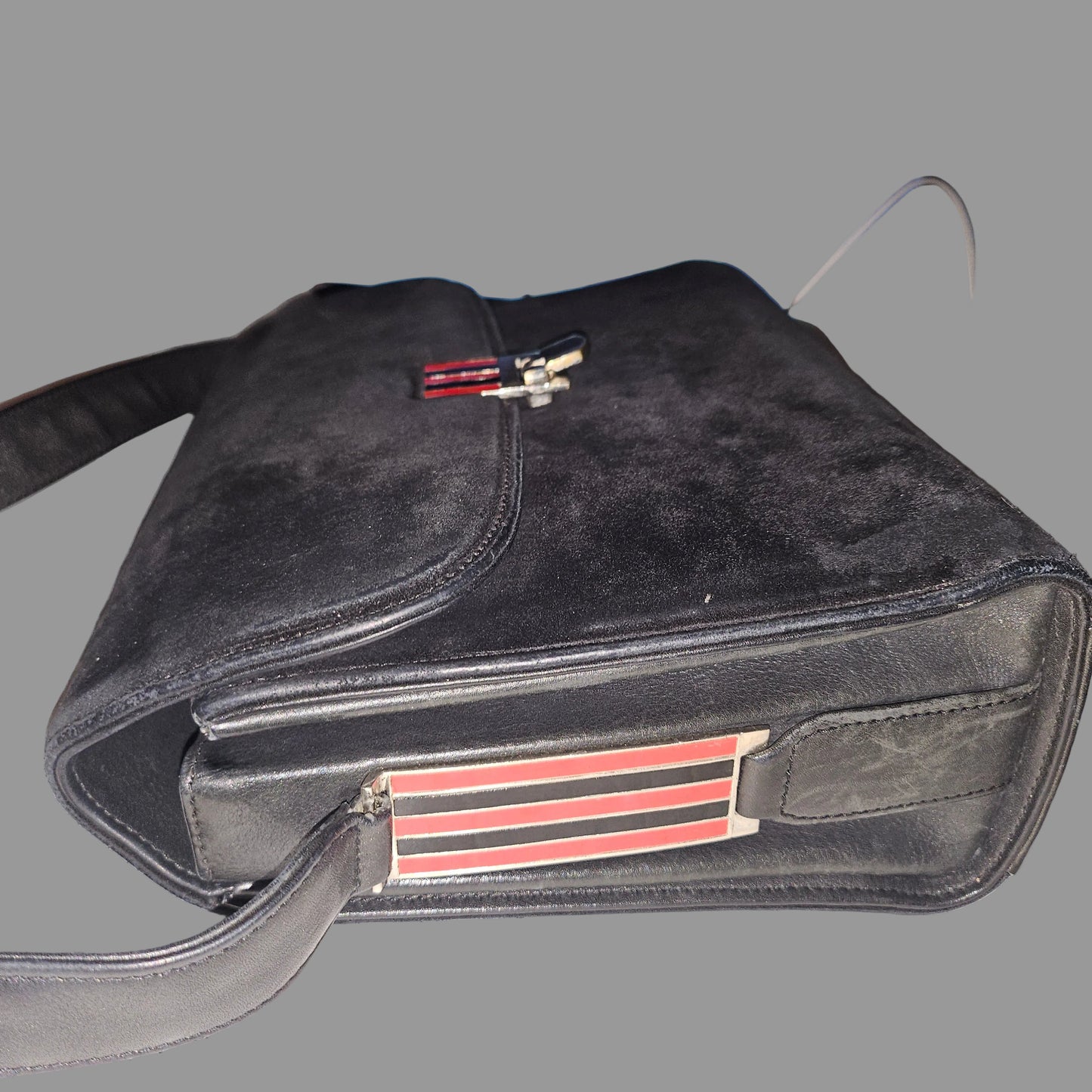 G. Gucci very early black suede boxy shoulder bag w sterling & enamel accents