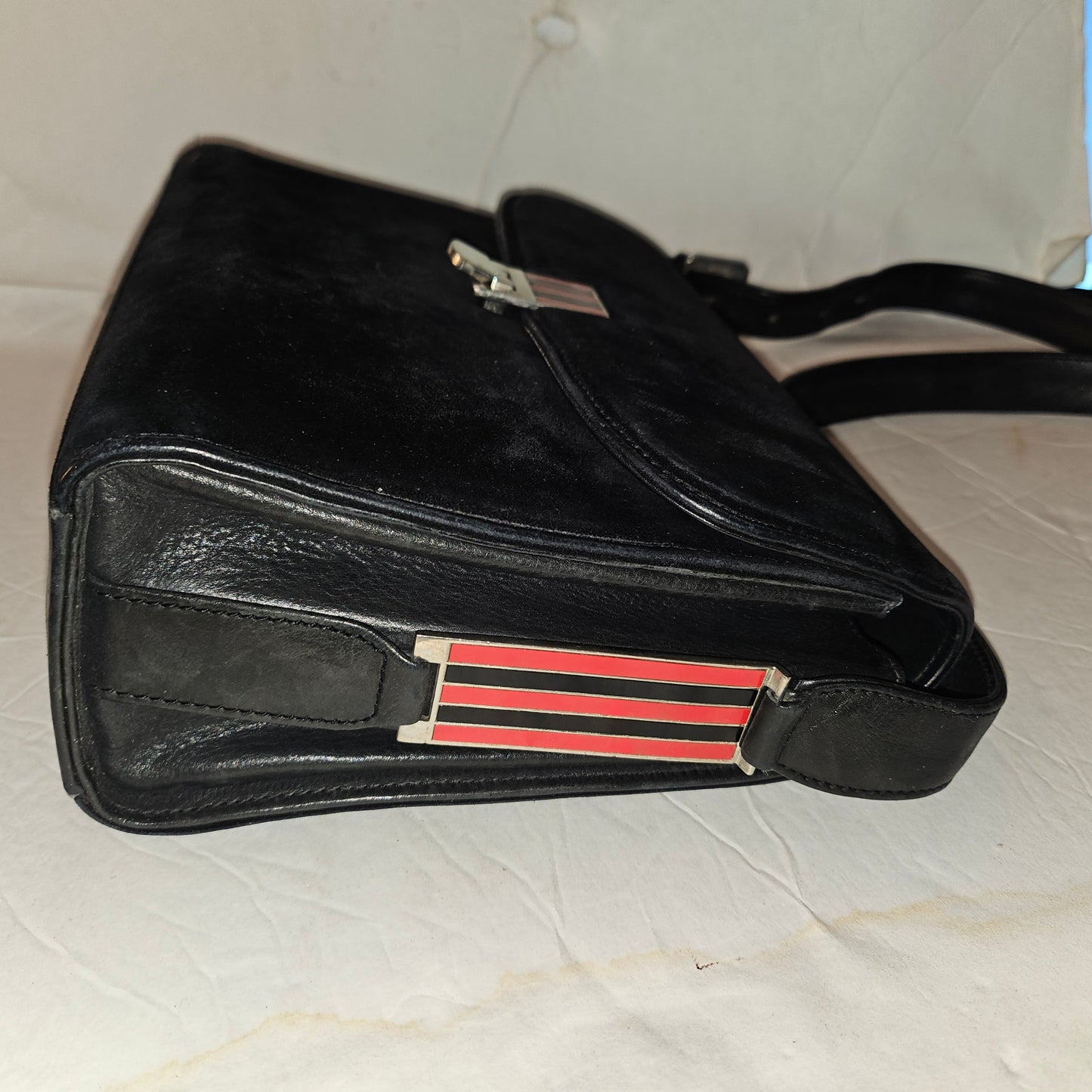 G. Gucci very early black suede boxy shoulder bag w sterling & enamel accents