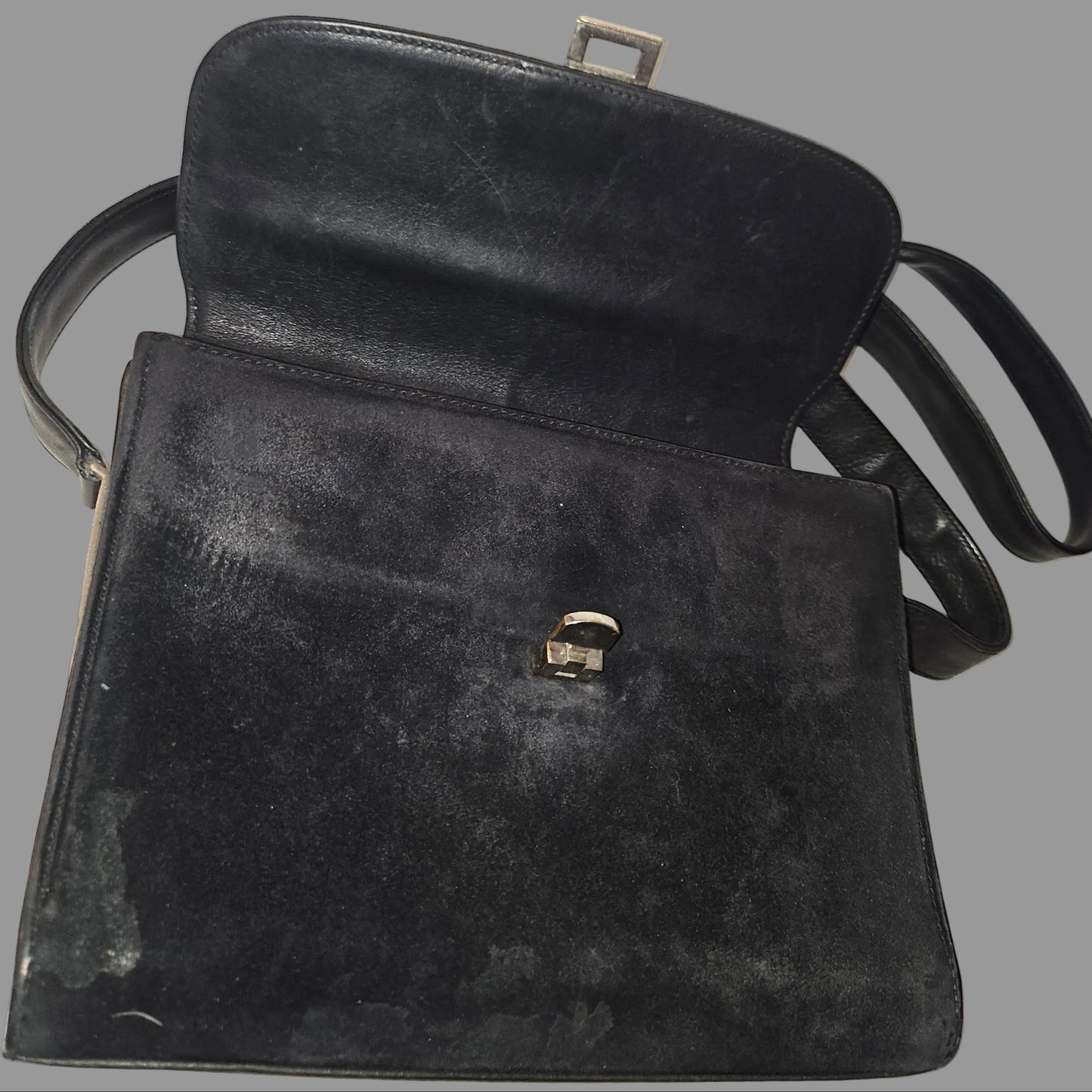 G. Gucci very early black suede boxy shoulder bag w sterling & enamel accents
