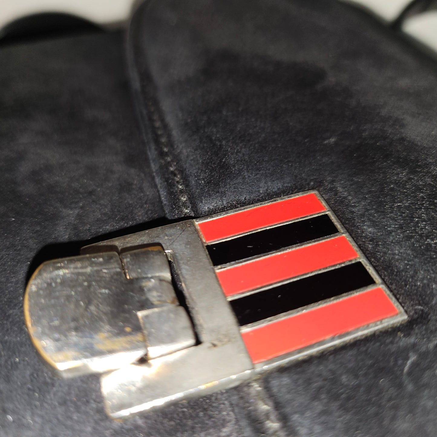 G. Gucci very early black suede boxy shoulder bag w sterling & enamel accents