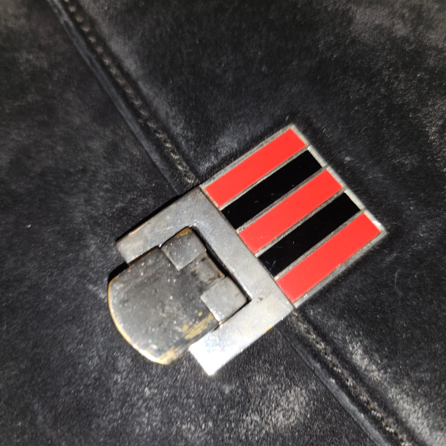 G. Gucci very early black suede boxy shoulder bag w sterling & enamel accents