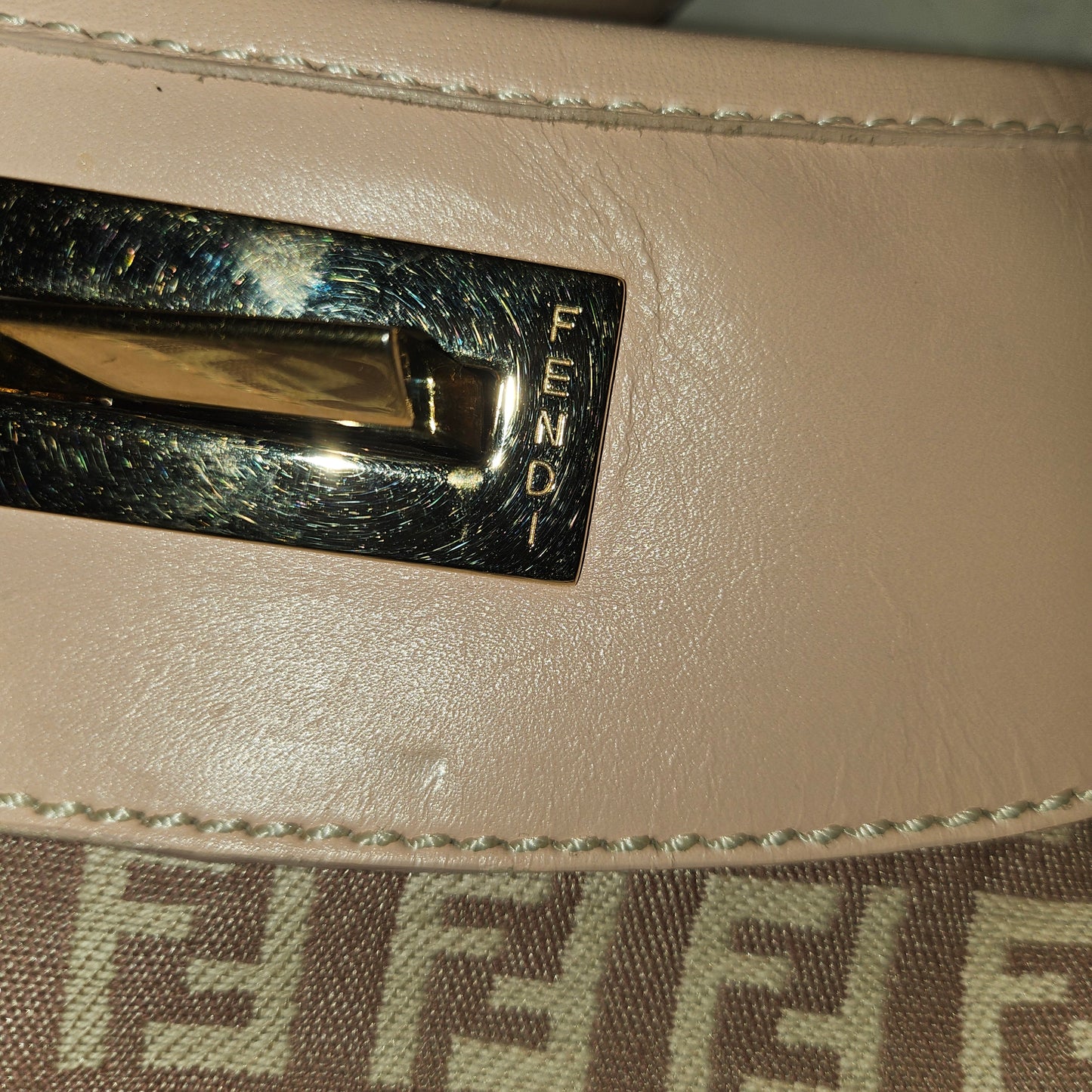 Fendi pink leather & ivory Zucchino  print on purplish mauve canvas LE hobo