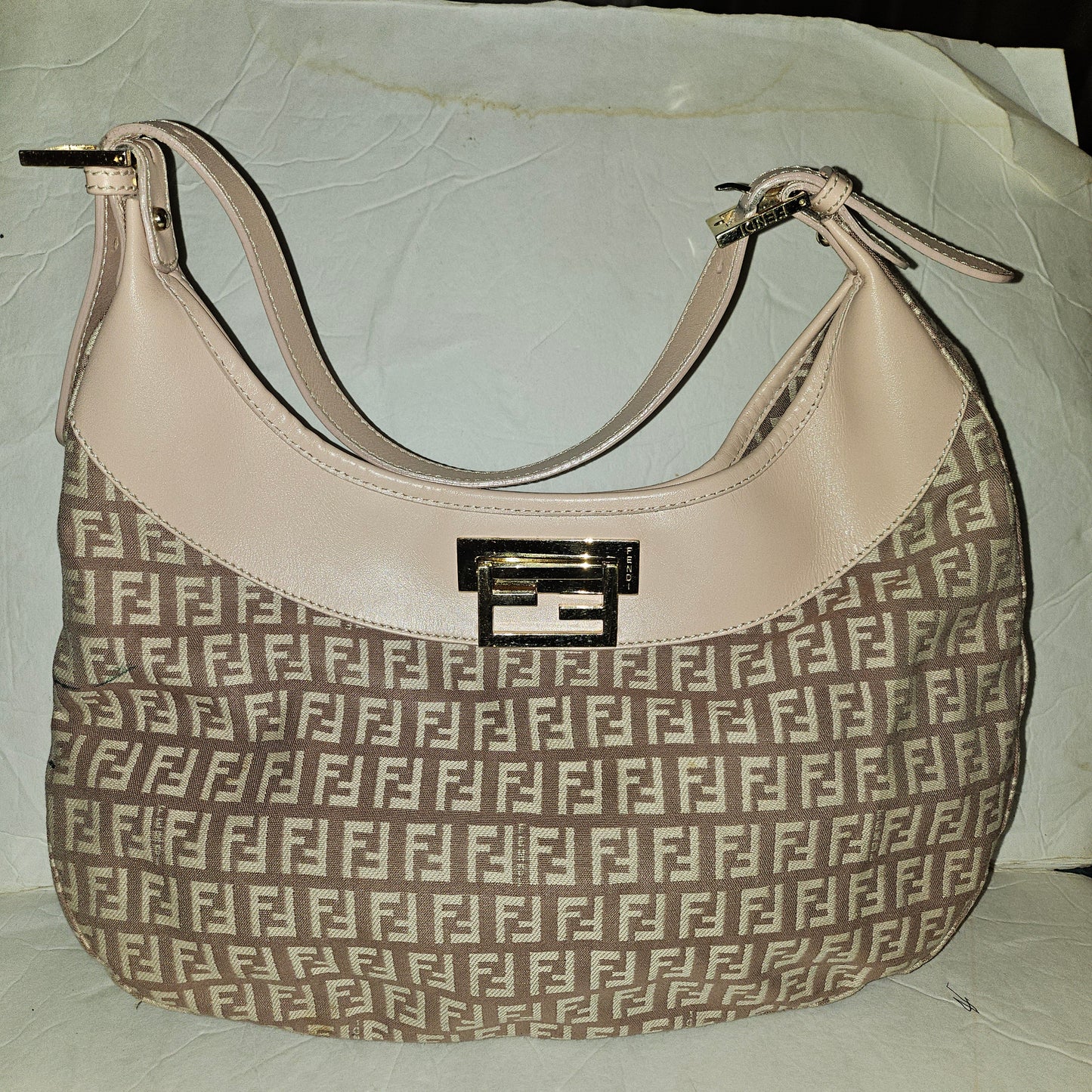 Fendi pink leather & ivory Zucchino  print on purplish mauve canvas LE hobo