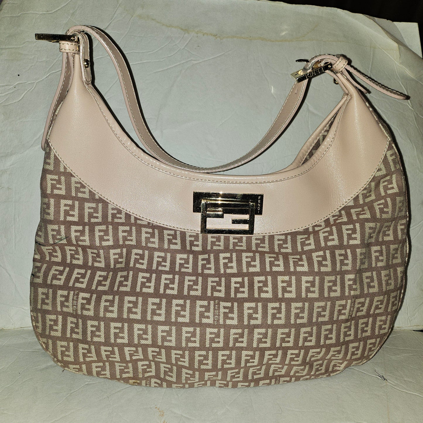 Fendi pink leather & ivory Zucchino  print on purplish mauve canvas LE hobo