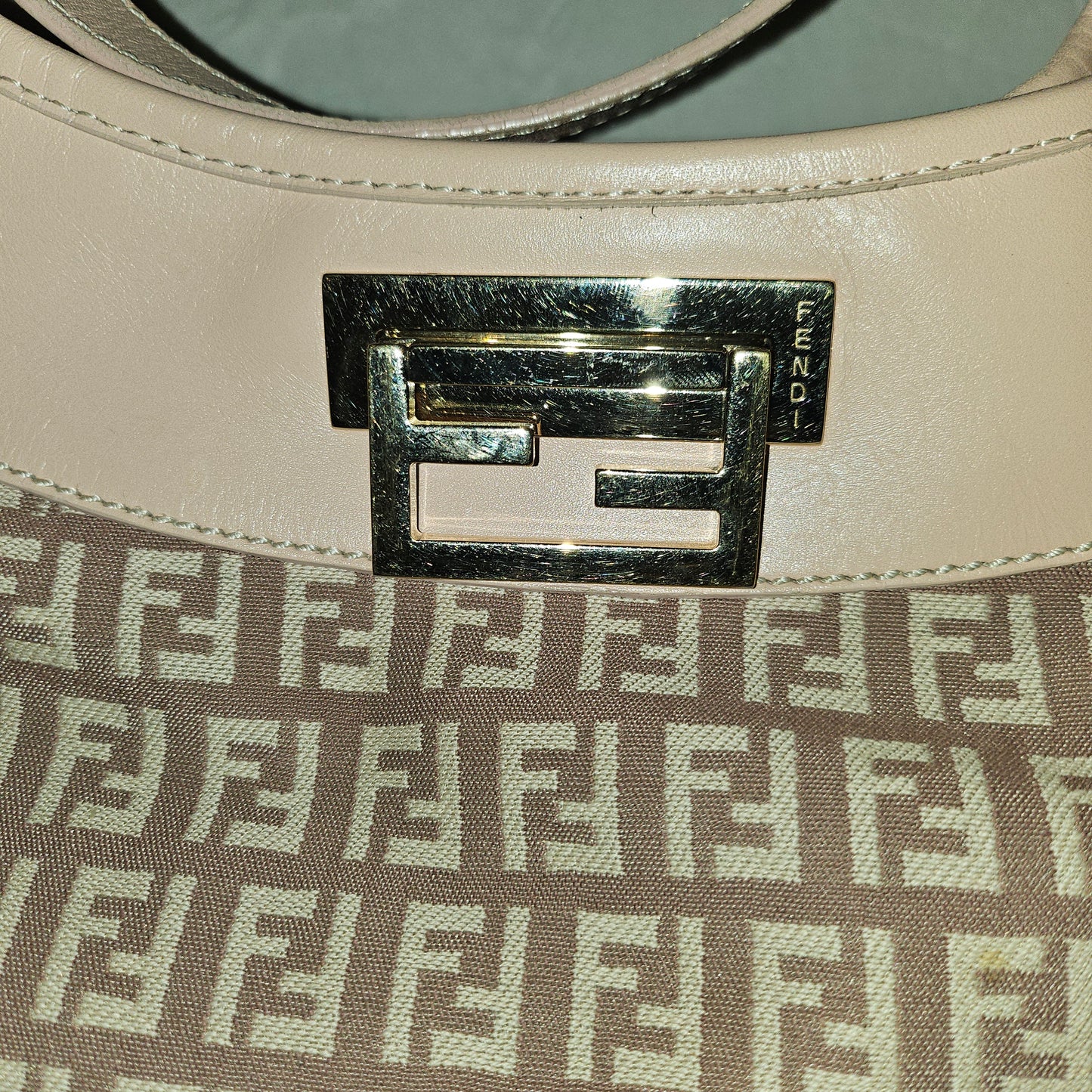 Fendi pink leather & ivory Zucchino  print on purplish mauve canvas LE hobo