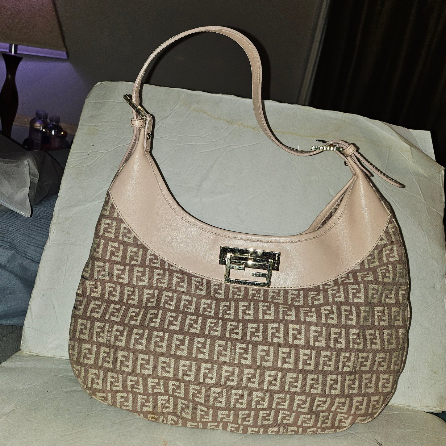 Fendi pink leather & ivory Zucchino  print on purplish mauve canvas LE hobo