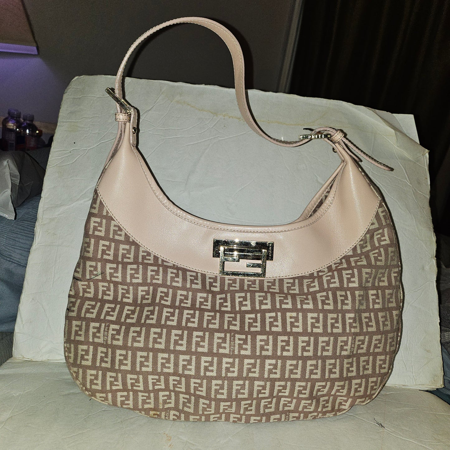 Fendi pink leather & ivory Zucchino  print on purplish mauve canvas LE hobo