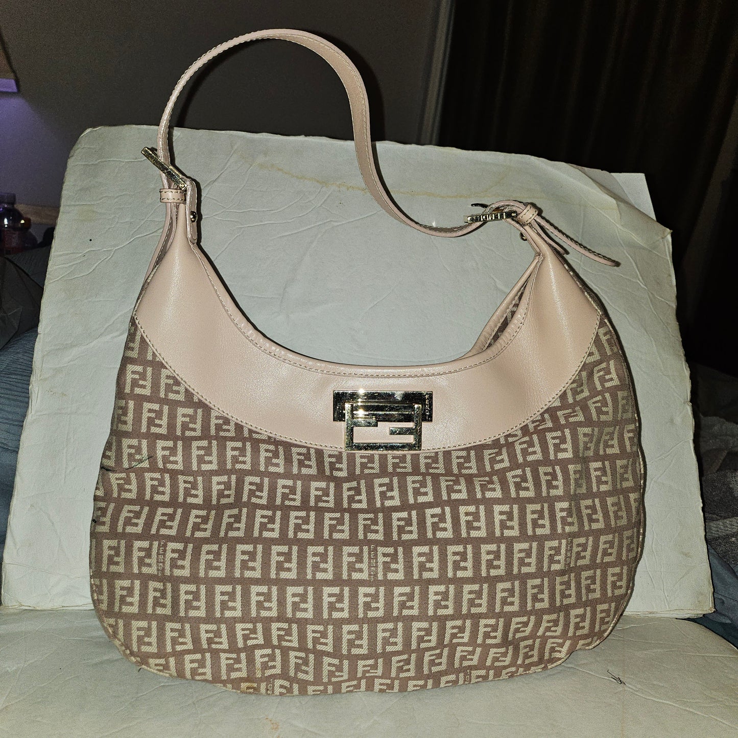 Fendi pink leather & ivory Zucchino  print on purplish mauve canvas LE hobo