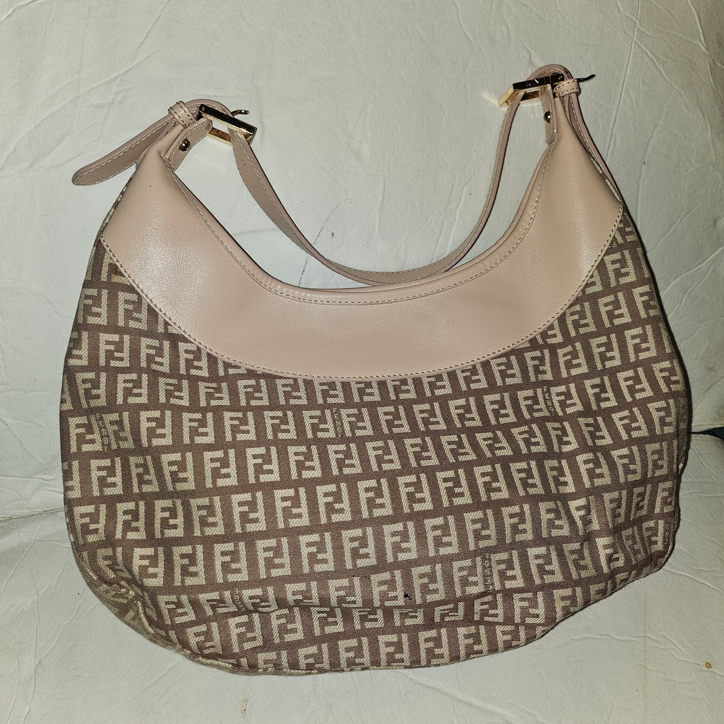 Fendi pink leather & ivory Zucchino  print on purplish mauve canvas LE hobo