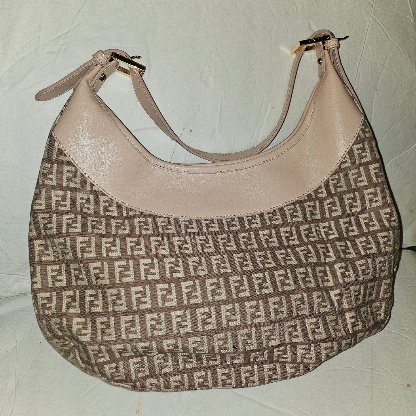 Fendi pink leather & ivory Zucchino  print on purplish mauve canvas LE hobo