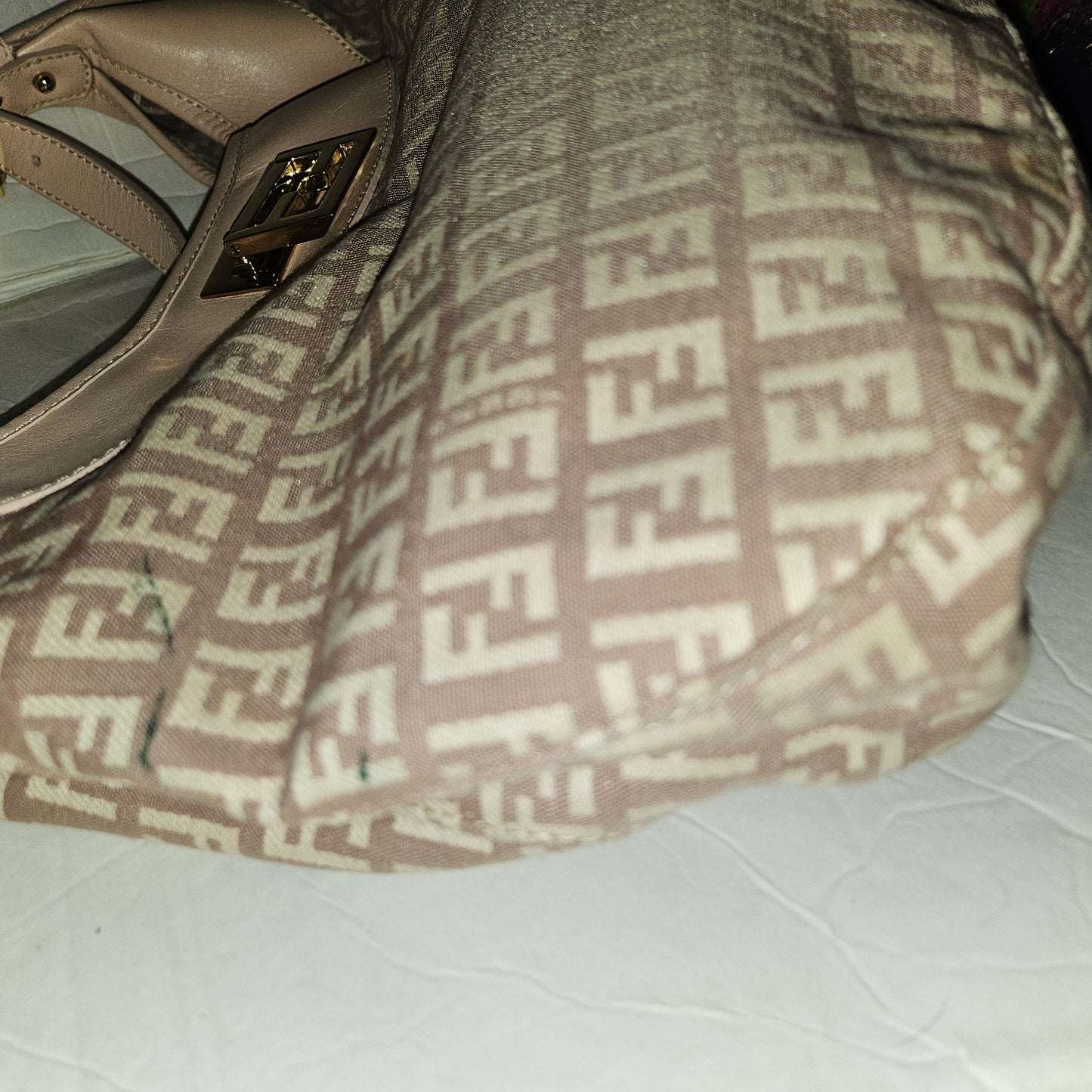 Fendi pink leather & ivory Zucchino  print on purplish mauve canvas LE hobo
