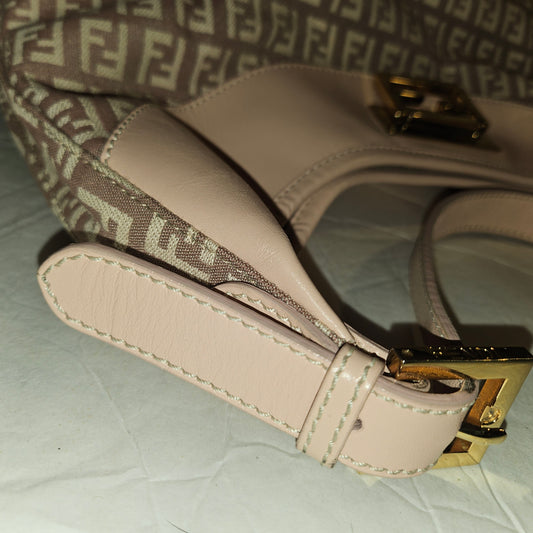 Fendi pink leather & ivory Zucchino  print on purplish mauve canvas LE hobo