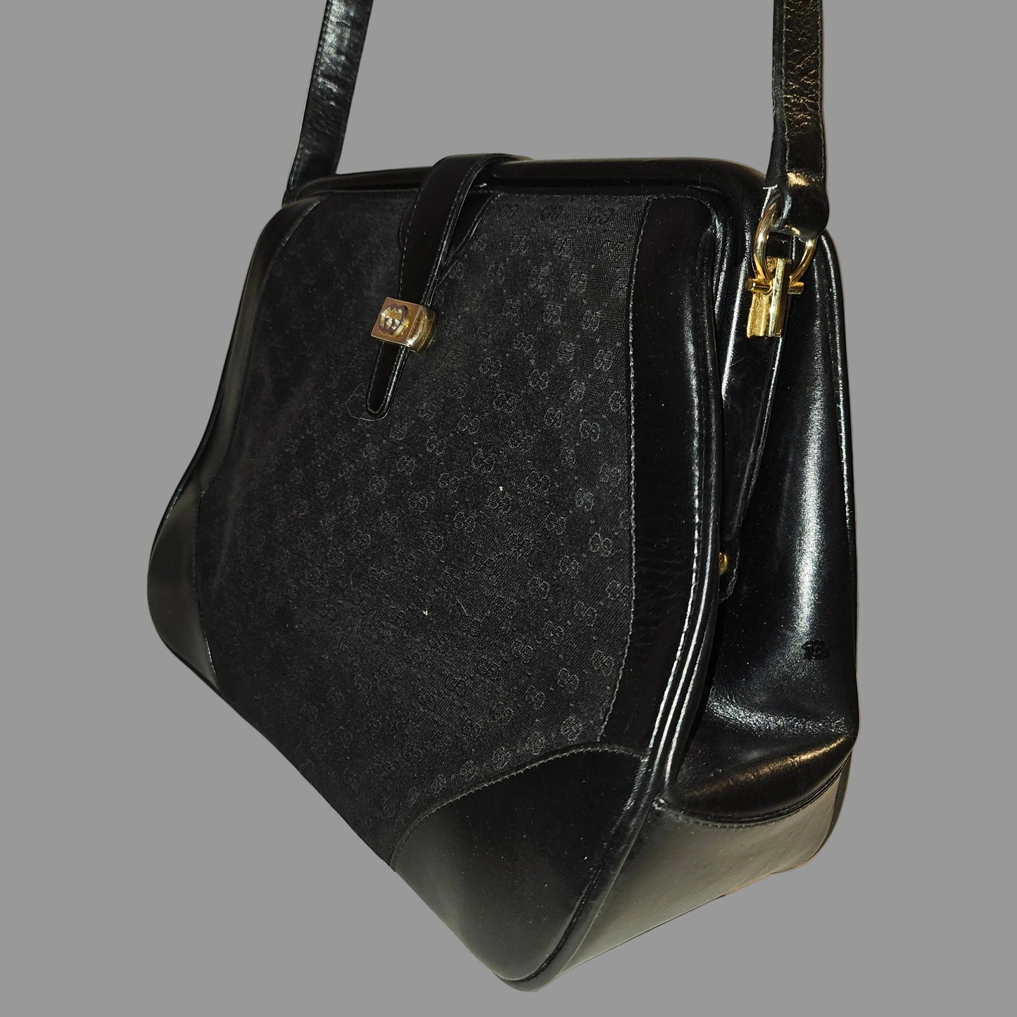 Gucci Black Micro Guccissima Print Canvas & Black Leather Satchel w a Hinged Top