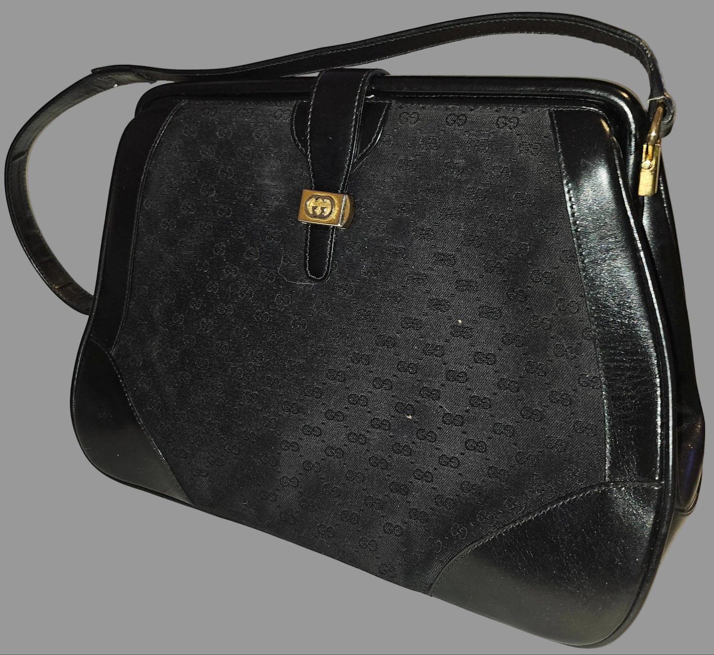 Gucci Black Micro Guccissima Print Canvas & Black Leather Satchel w a Hinged Top