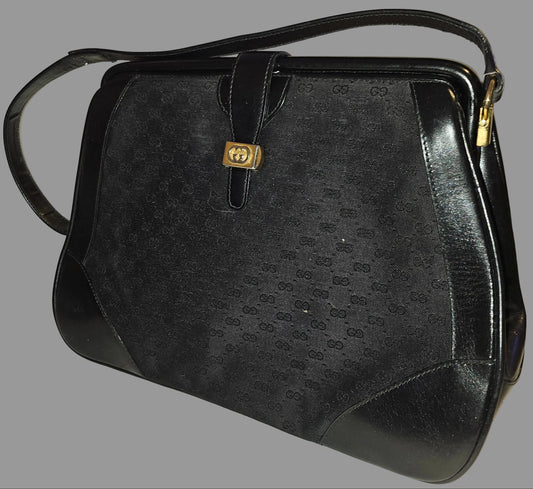 Gucci Black Micro Guccissima Print Canvas & Black Leather Satchel w a Hinged Top