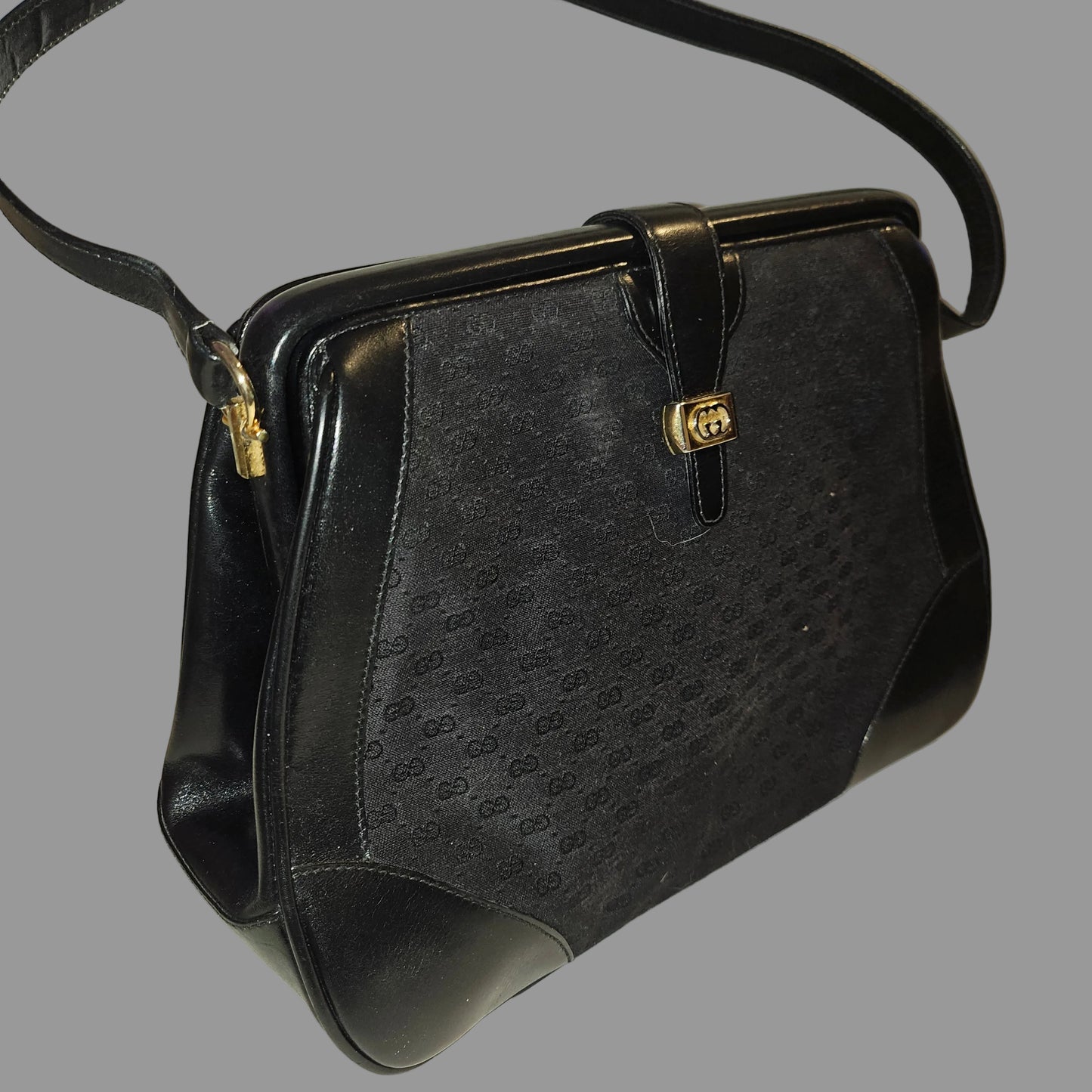 Gucci Black Micro Guccissima Print Canvas & Black Leather Satchel w a Hinged Top