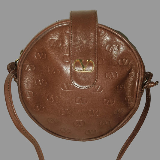 Valentino brown leather round canteen style bag w logo embossed