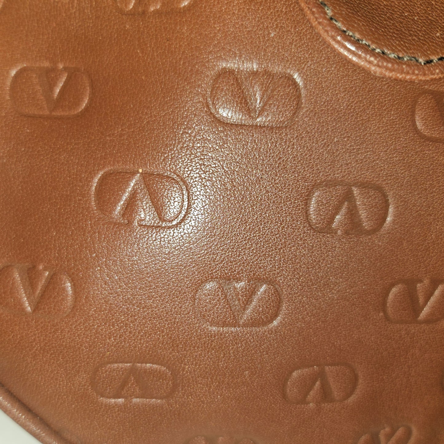 Valentino brown leather round canteen style bag w logo embossed