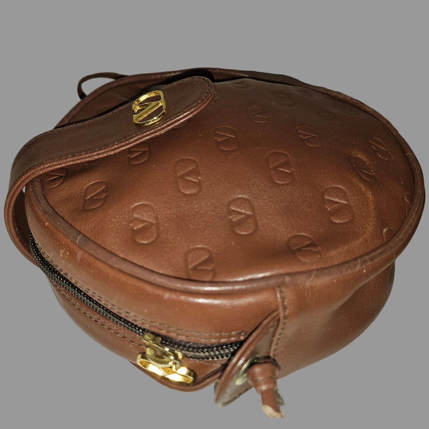 Valentino brown leather round canteen style bag w logo embossed