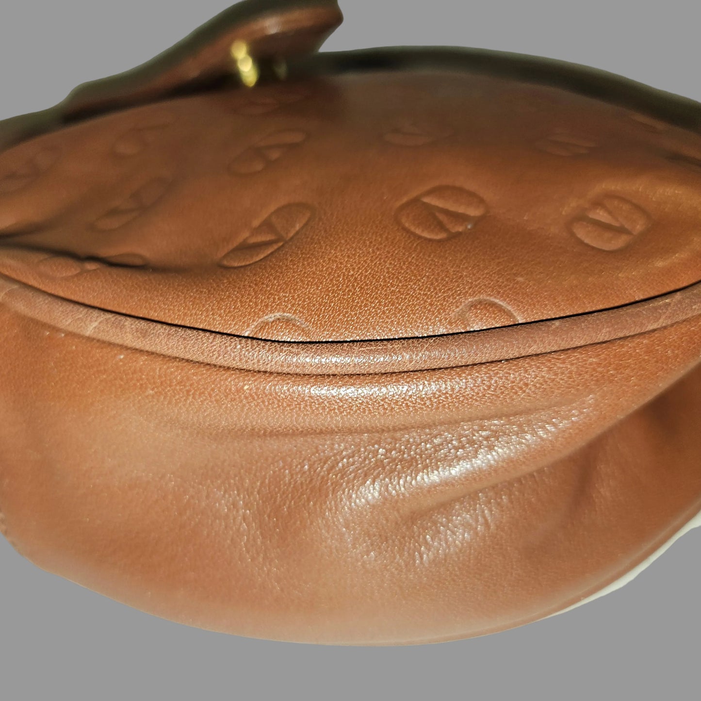 Valentino brown leather round canteen style bag w logo embossed
