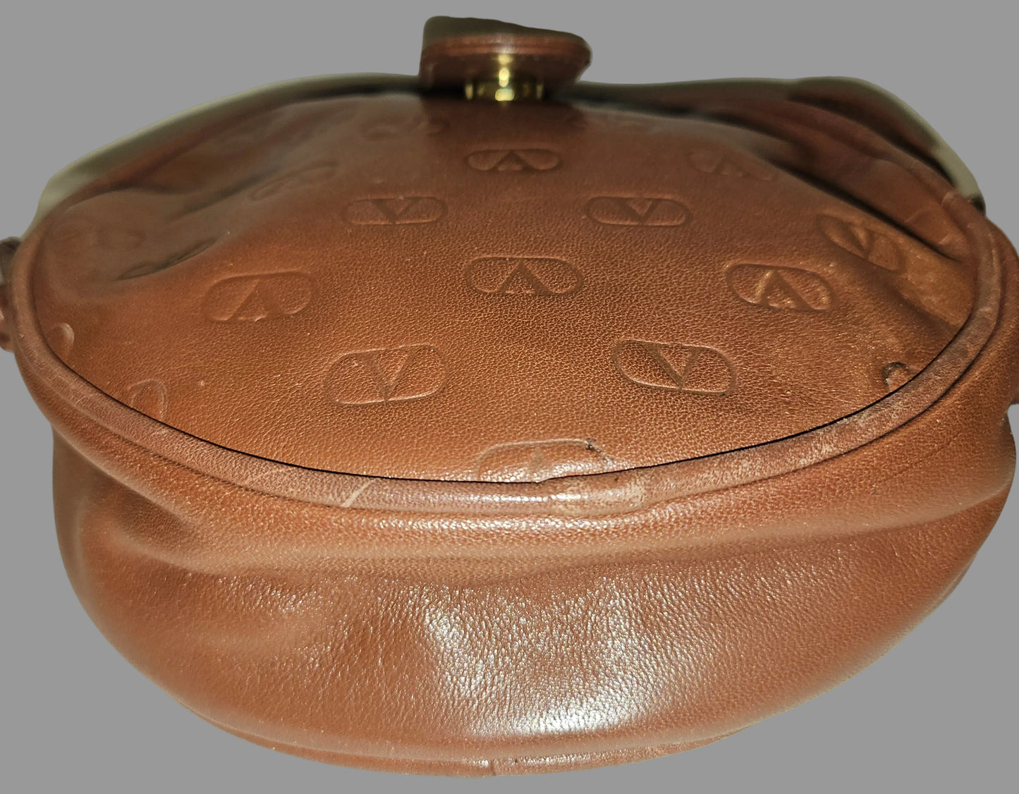 Valentino brown leather round canteen style bag w logo embossed