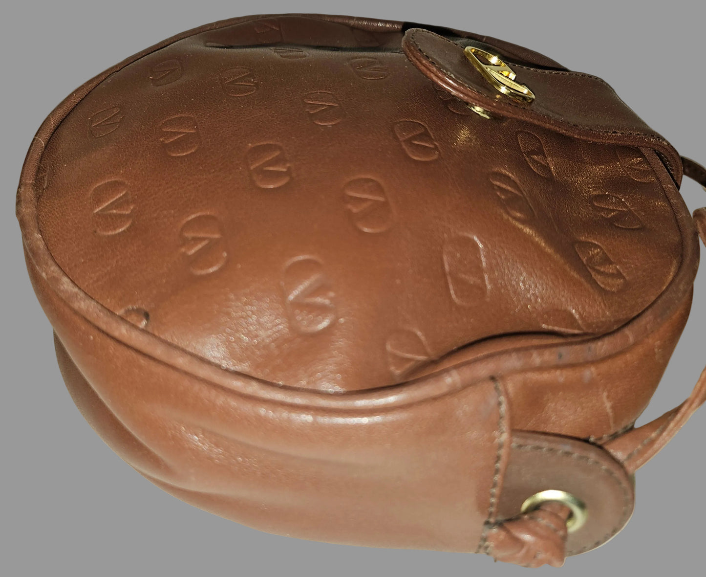 Valentino brown leather round canteen style bag w logo embossed