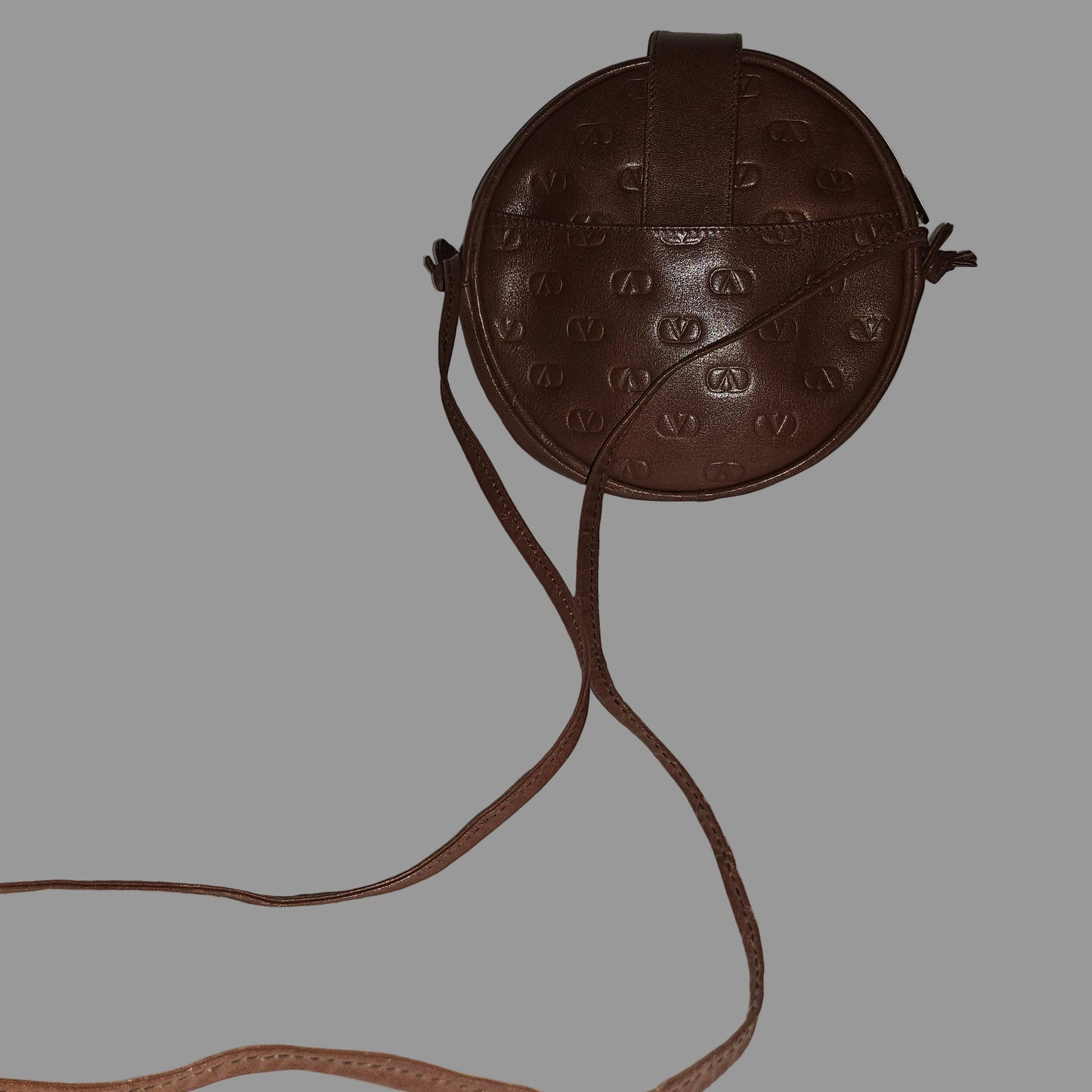 Valentino brown leather round canteen style bag w logo embossed