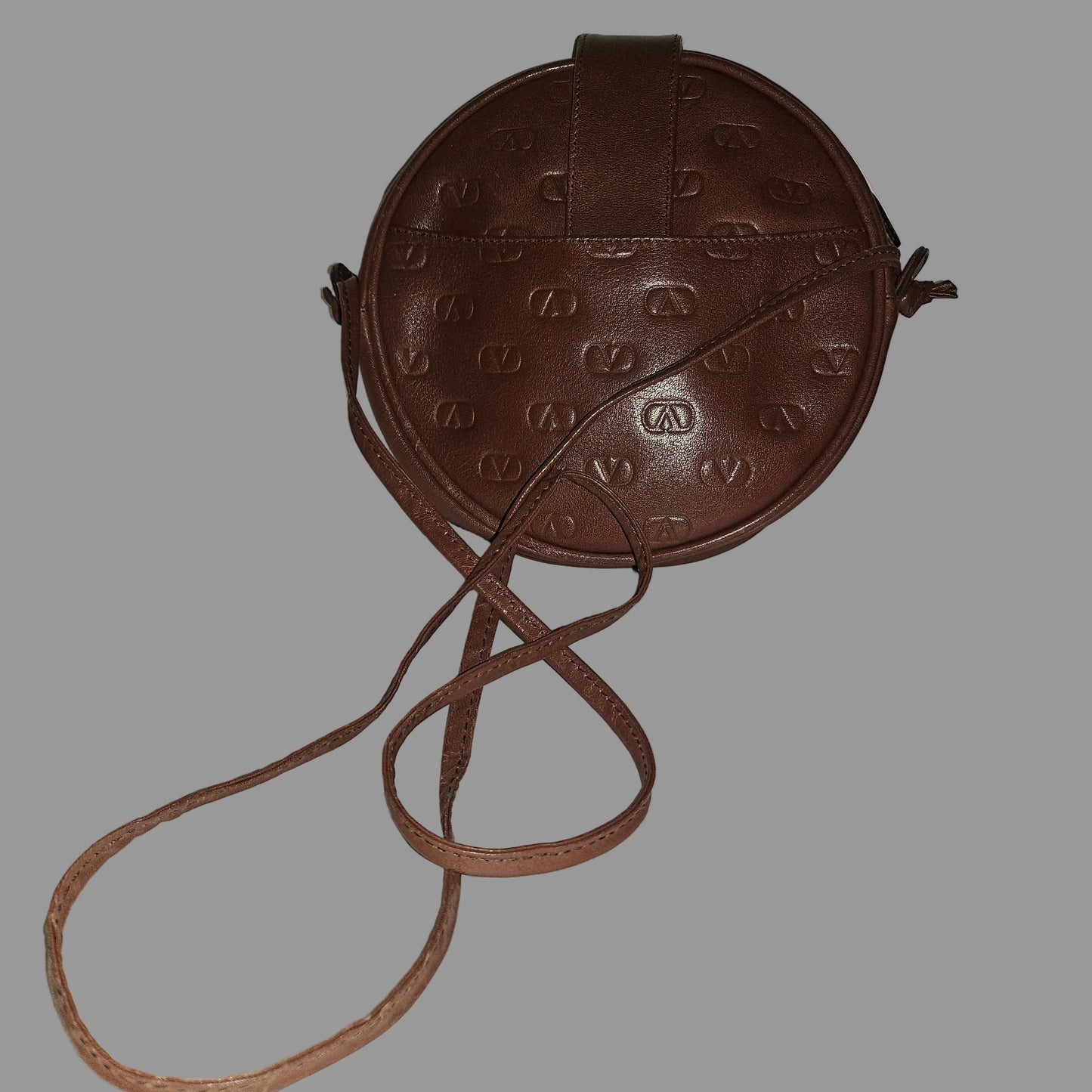 Valentino brown leather round canteen style bag w logo embossed