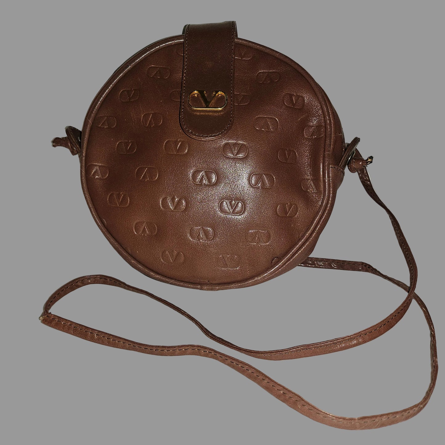 Valentino brown leather round canteen style bag w logo embossed