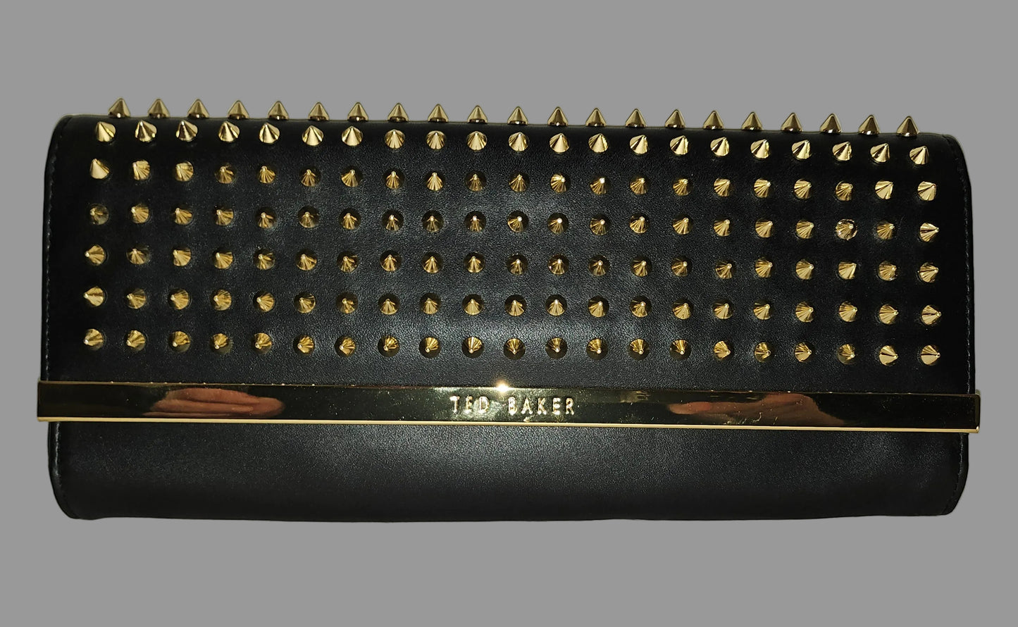 Ted Baker NWT black leather clutch with gold studded spiky hardware