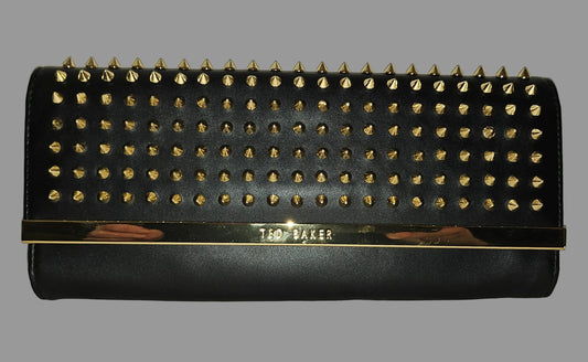 Ted Baker NWT black leather clutch with gold studded spiky hardware