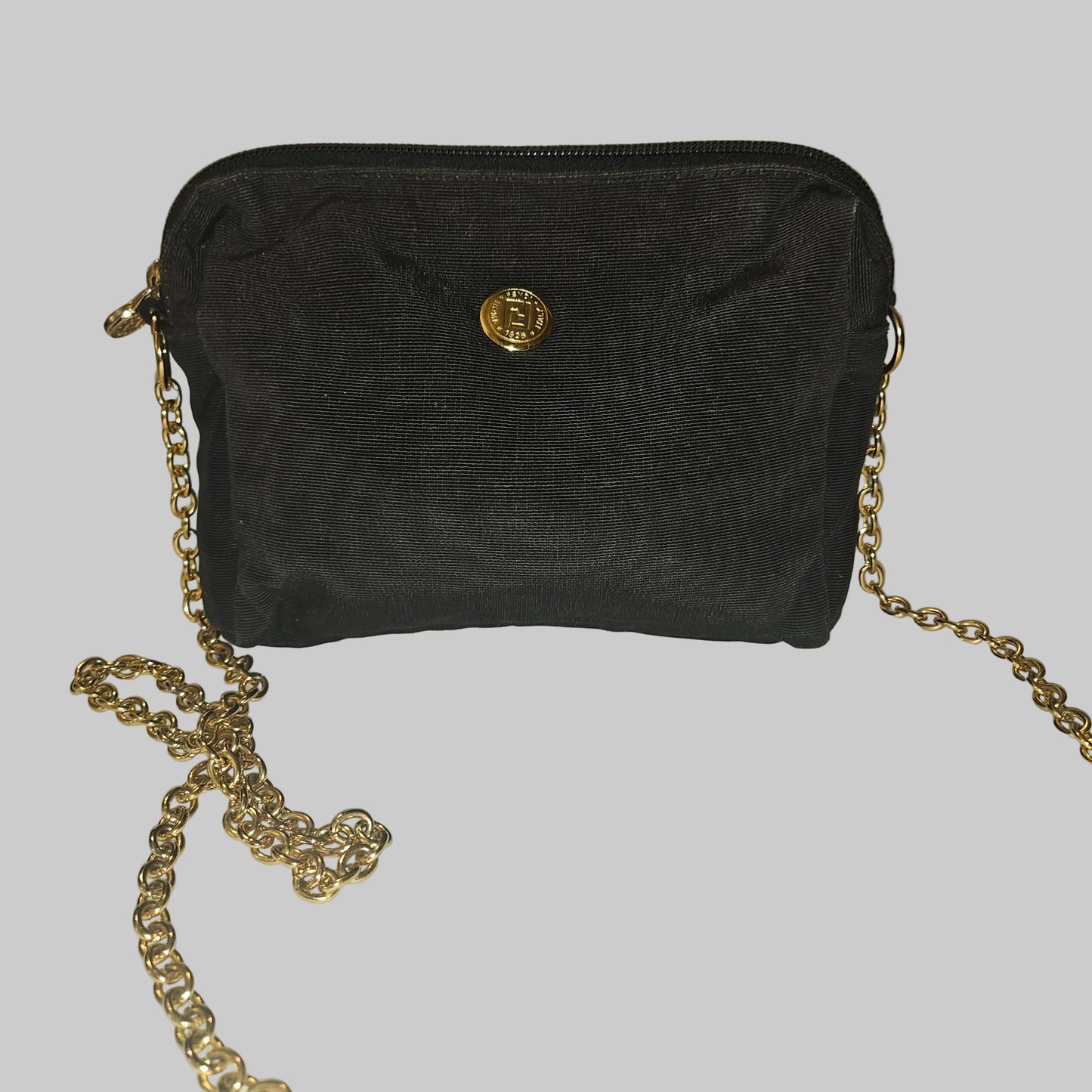 Fendi black grosgrain fabric & gold chain strap mini crossbody/ shoulder bag