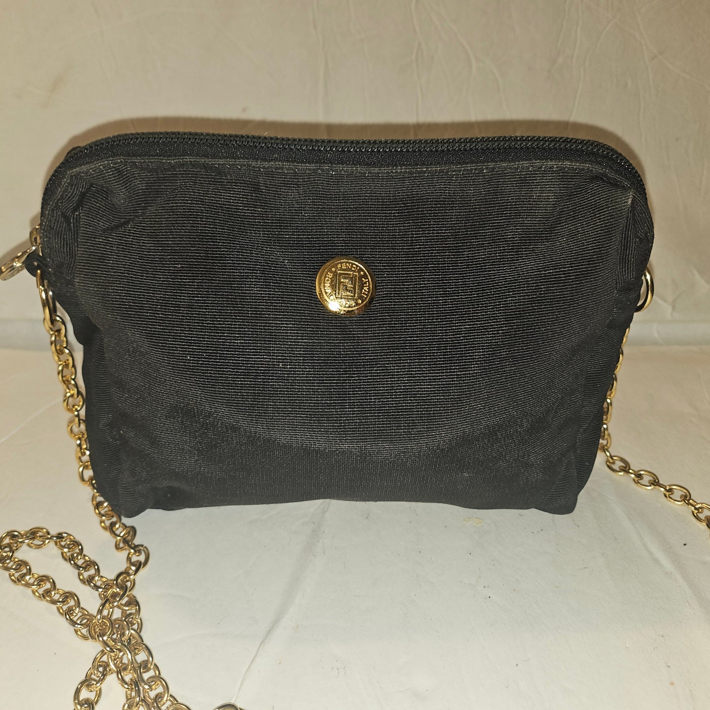 Fendi black grosgrain fabric & gold chain strap mini crossbody/ shoulder bag