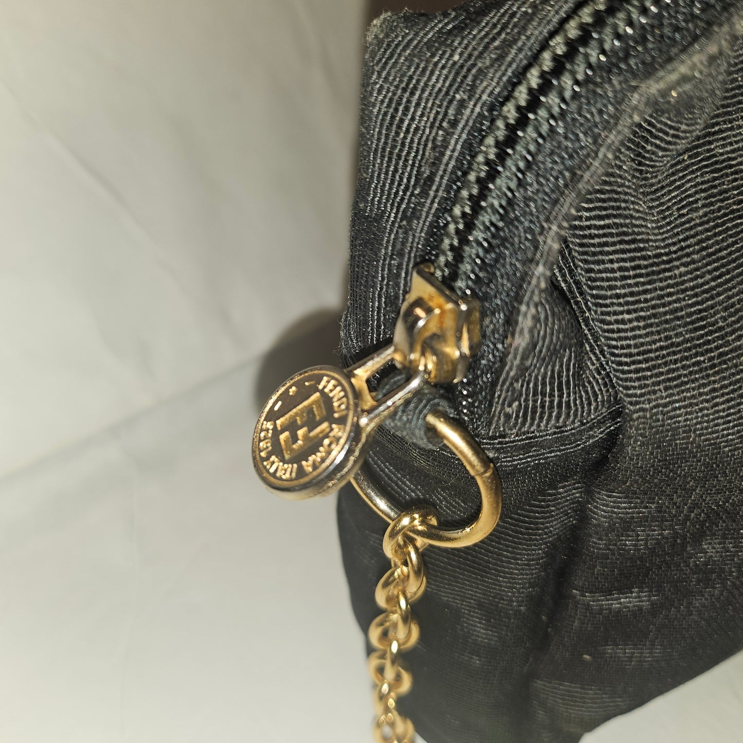 Fendi black grosgrain fabric & gold chain strap mini crossbody/ shoulder bag