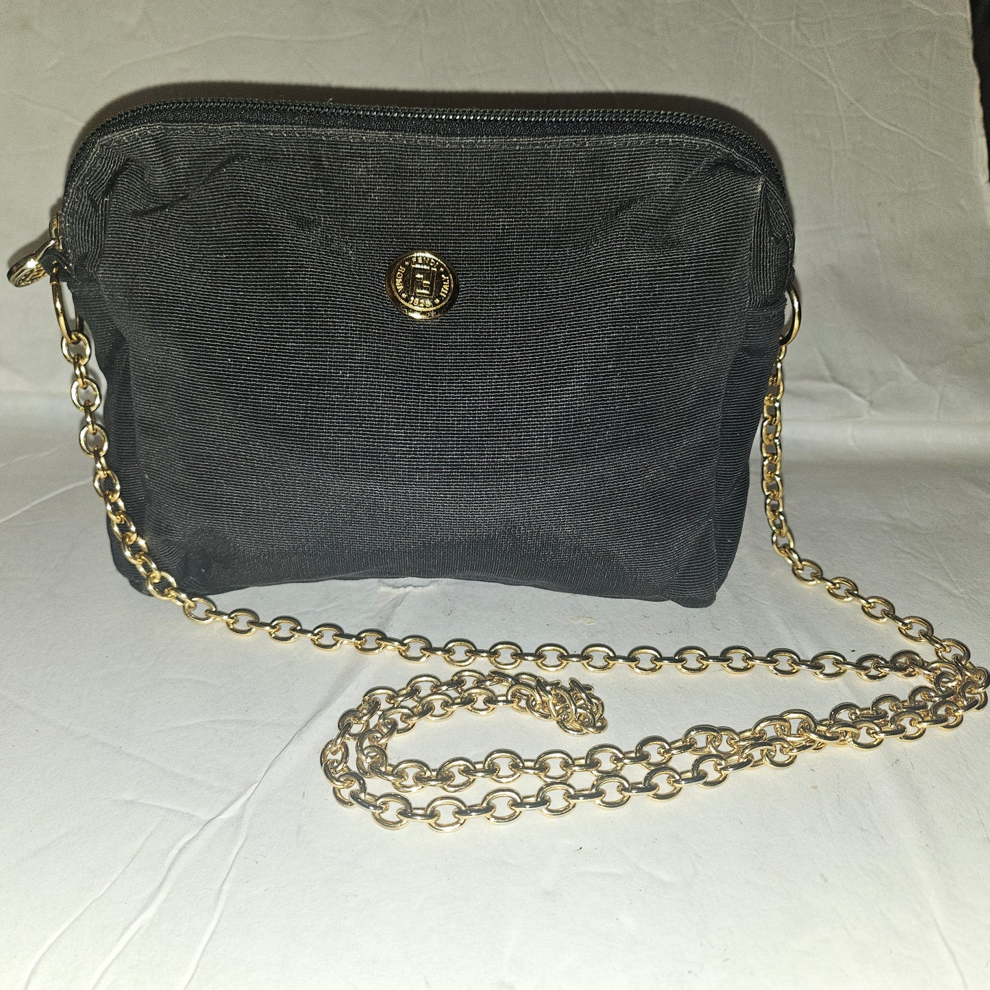 Fendi black grosgrain fabric & gold chain strap mini crossbody/ shoulder bag