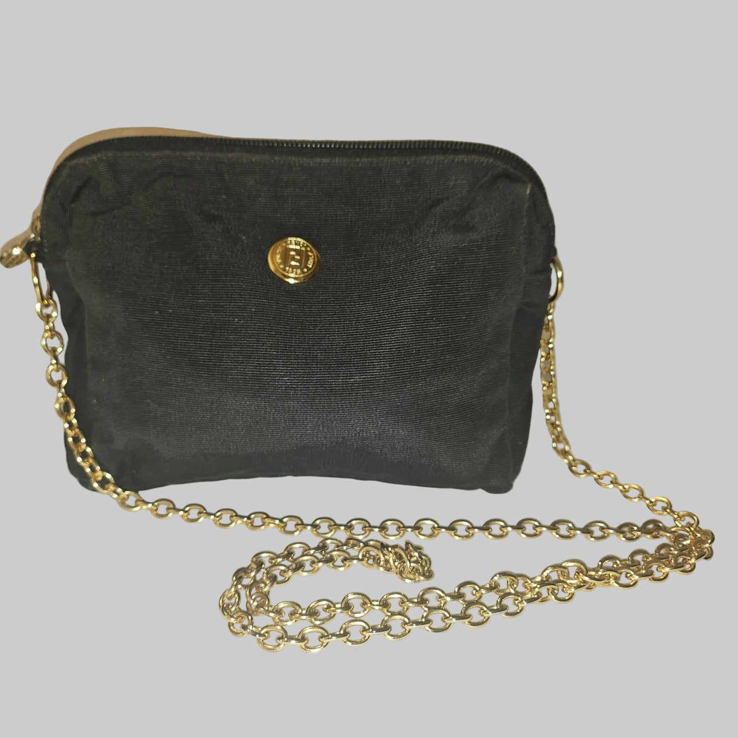 Fendi black grosgrain fabric & gold chain strap mini crossbody/ shoulder bag