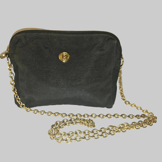 Fendi black grosgrain fabric & gold chain strap mini crossbody/ shoulder bag