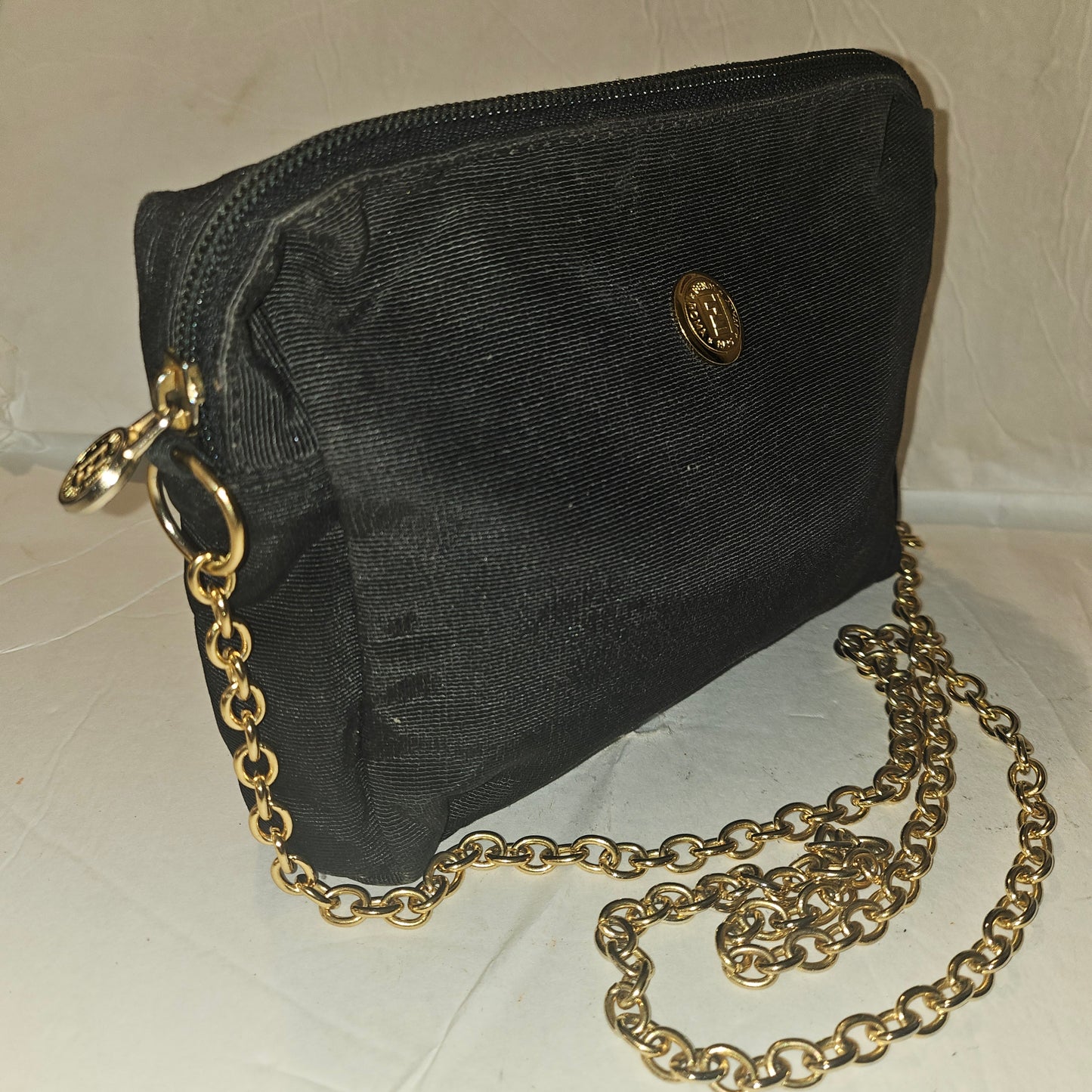 Fendi black grosgrain fabric & gold chain strap mini crossbody/ shoulder bag