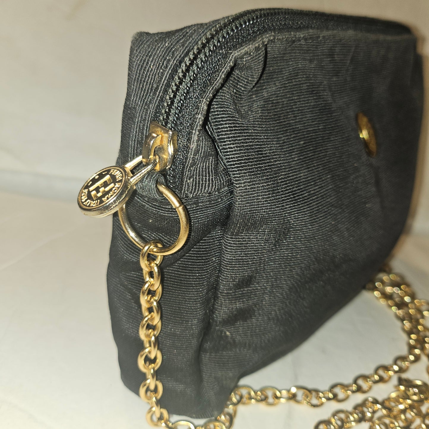 Fendi black grosgrain fabric & gold chain strap mini crossbody/ shoulder bag