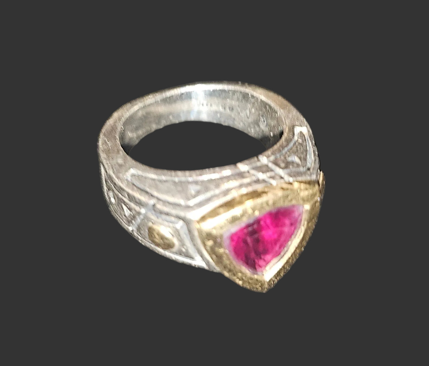 John Atencio 18K yellow gold & sterling ring with a trillion cut rhodolite garnet