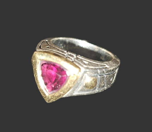 John Atencio 18K yellow gold & sterling ring with a trillion cut rhodolite garnet